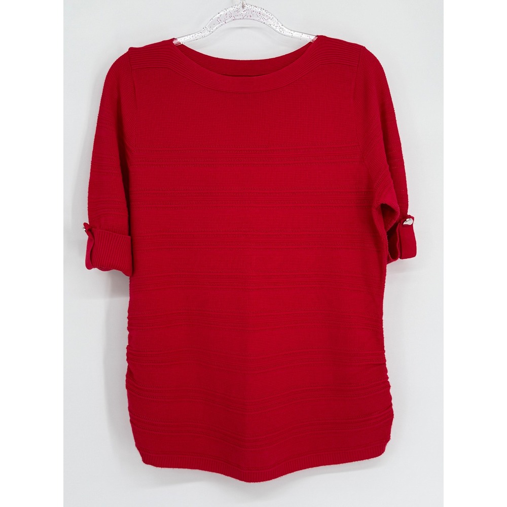 Apt. 9 Womens Red Textured Knit Boat Neck 3/4 Sleeve Top Button Cuff Sz L